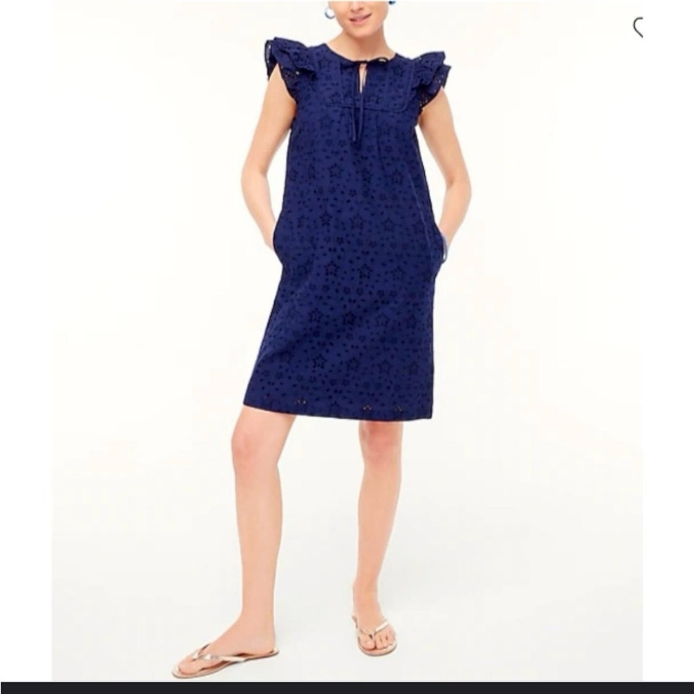 J.Crew Navy Eyelet Shift Dress Women’s 0 – Ruffle Sleeve Coastal Vacation